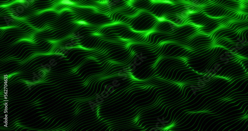 Green energy waves from particle dots and stripes lines glowing futuristic beautiful. Abstract background
