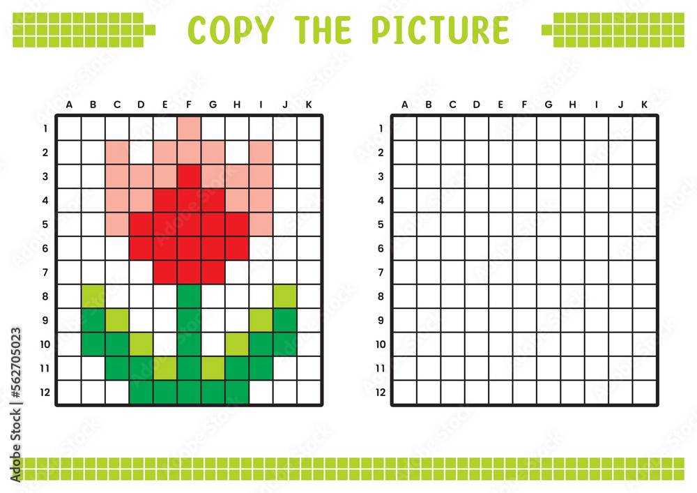Fototapeta premium Copy the picture, complete the grid image. Educational worksheets drawing with squares, coloring cell areas. Children's preschool activities. Cartoon vector, pixel art. Flower plant illustration.