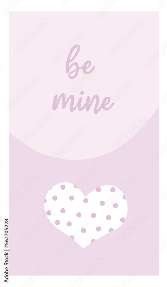 Purple love Valentine card with dotted heart and Be Mine words. Couple gift greeting card illustration.