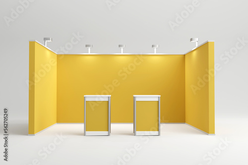 Standard exhibition stand with spotlights with yellow blank panels, advertising stand. 3d render