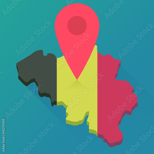 3d map in flat design style of belgium in the colors of the belgian flag on which a red location marker is placed to indicate a destination