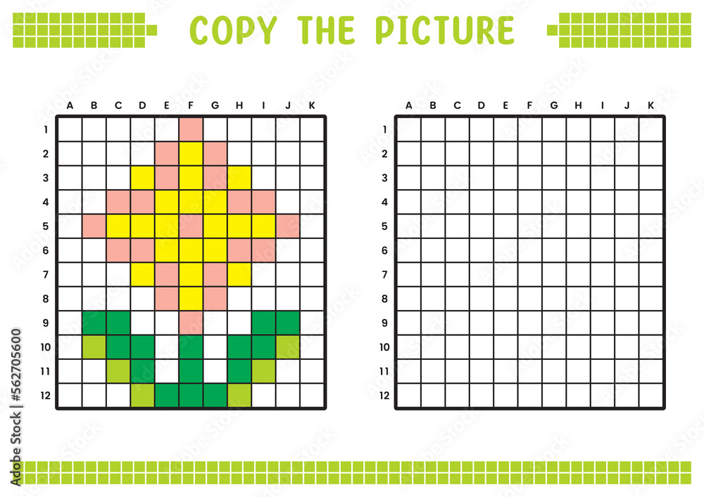 Fototapeta premium Copy the picture, complete the grid image. Educational worksheets drawing with squares, coloring cell areas. Children's preschool activities. Cartoon vector, pixel art. Flower plant illustration.