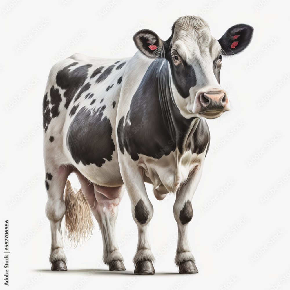 Fototapeta premium a spotted cow in black and white colors with a white background