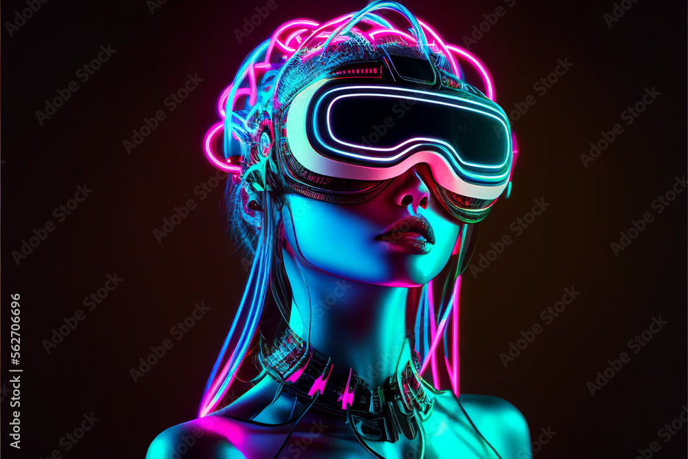 Woman robot in 3D reality glasses, game character, with neon glowing elements of purple. generative AI Woman robot in 3D reality glasses, game character, with neon glowing elements of purple. generative AI