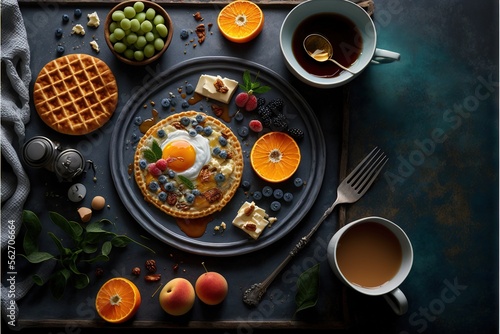  a plate of food with fruit, a waffle, and coffee on a tray with a napkin and a fork and a cup of tea on a table cloth with a blue background with a napkin. Generative AI