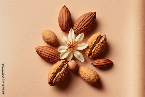  almonds and almond flowers on a pink background with a white flower on top of them, with a light pink background behind them, with a light pink background, with a soft. Generative AI