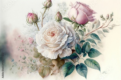 Fototapeta Naklejka Na Ścianę i Meble -   a painting of a bouquet of flowers with leaves and buds on a white background with a pink rose and green leaves on the bottom of the picture, and a pink rose on the top. Generative AI