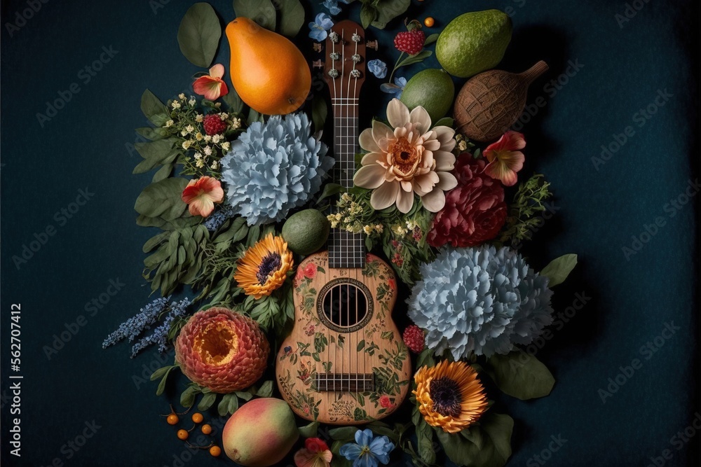  a guitar surrounded by flowers, fruit and leaves on a blue background with a blue background and a blue background with a blue background and white border with a blue border. Generative AI