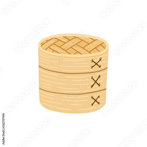 Bamboo steamer traditional asian kitchen utensil on white background. Side view. Vector clipart.