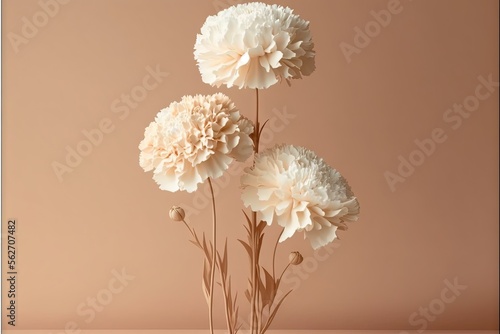  three white flowers in a vase on a table with a pink background and a pink wall behind them, with a few stems of flowers in the foreground of the photo. Generative AI photo