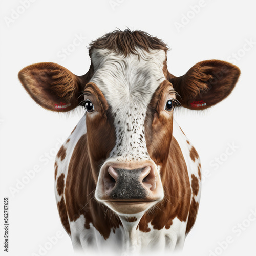 a spotted cow in black and white colors with a white background