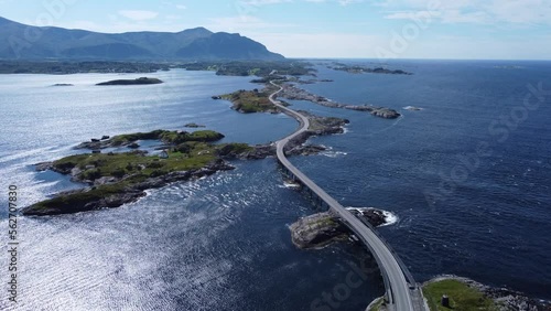 Flying over a bridge and amazing route in norway along the coast line