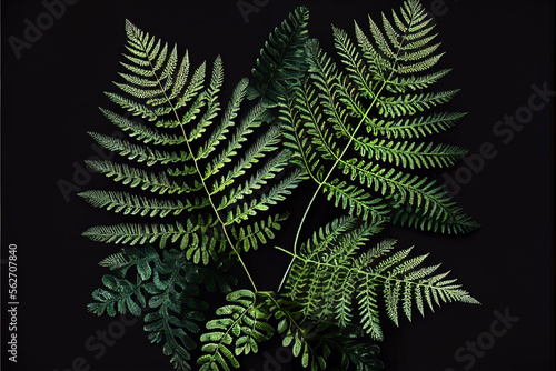 Pattern of green fern leaves on dark background  mockup  copy space  dark black background  minimalism  retro style  nature style. generative AI