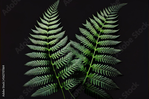 Pattern of green fern leaves on dark background, layout, copy space, dark black background, minimalism, retro style. generative AI