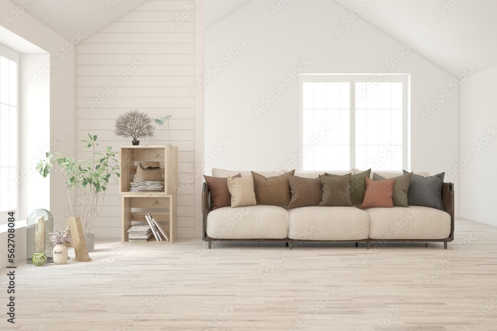 Fototapeta premium White living room with sofa. Scandinavian interior design. 3D illustration