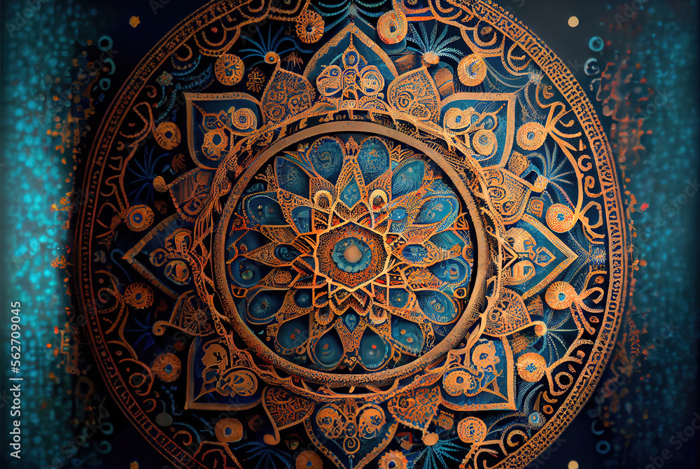 Arabic round ornament pattern, mosaic ceiling design, Generative Ai