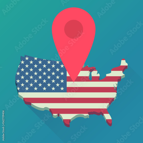 3d map in flat design style of the united states in the colors of the american flag on which a red location marker is placed to indicate a destination