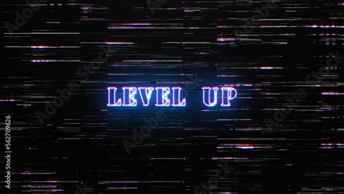 Level Up  glitch neon text effect with silver flash flickering light loop cinematic title animationn backgroud 4K 3D isolated seamless loop Level Up glitch text effect  photo