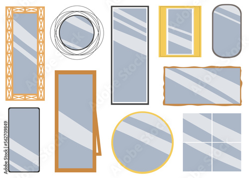 Collection with round and rectangular reflective surfaces. Modern or classic and decorative vintage mirrors. Vector illustration on white background