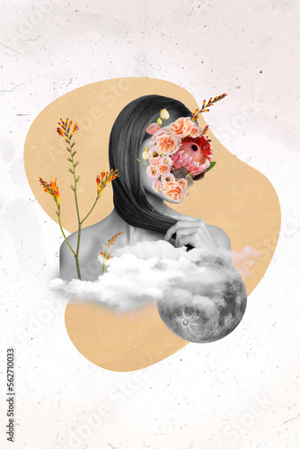 Abstract photo design artwork collage of young pretty charming lady blooming flowers natural face mask spa salon isolated over white background