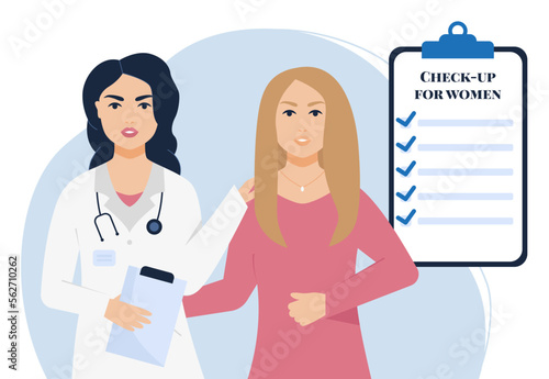Annual women check up. Medical checkup. Doctor gives recommendations. Gynecologist and her patient. Vector illustration 