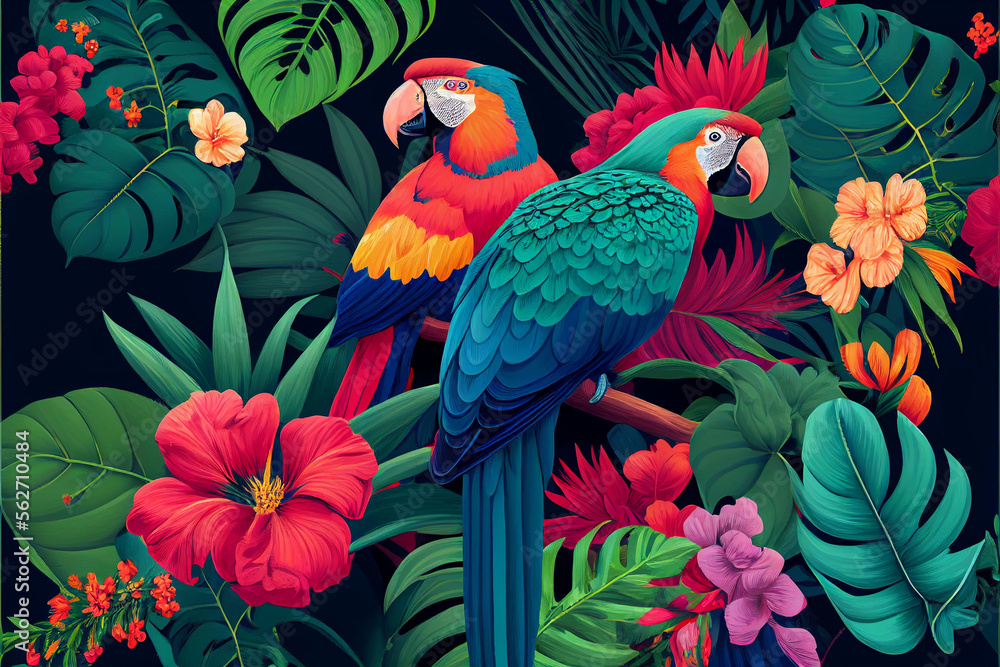 Fototapeta premium Tropical colored cockatoos and macaws in the leaves of exotic flowers and palm trees on a dark background, a pair of parrots in a beautiful forest. generative AI