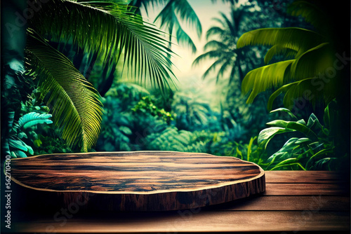 Background with wooden stone pedestal. Natural podium with a tropical palm leaf and shade on a green background. Stand for the promotion of cosmetics  cosmetic products with the plant. generative AI