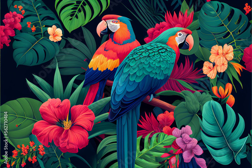 Tropical colored cockatoos and macaws in the leaves of exotic flowers and palm trees on a dark background, a pair of parrots in a beautiful forest. generative AI