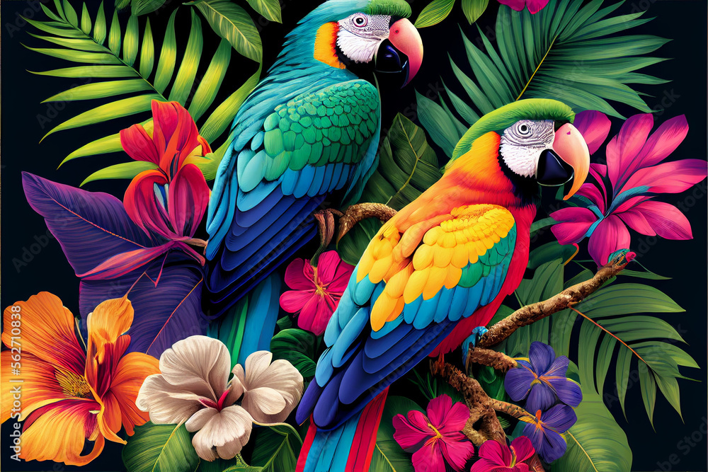 Tropical cockatoos and macaws in the leaves of exotic flowers and palm trees on a dark background. generative AI