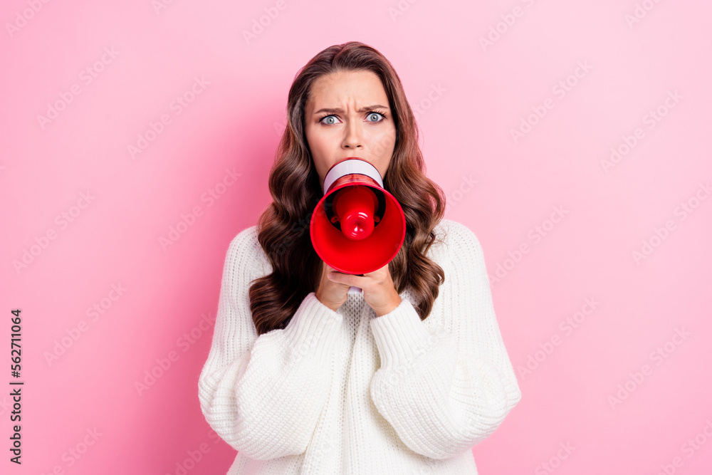 Portrait of unsatisfied angry person hands hold loudspeaker say tell isolated on pink color background - obrazy, fototapety, plakaty 