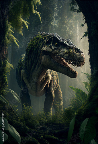 Fototapeta Naklejka Na Ścianę i Meble -  Huge dinosaur in the ancient forest with ferns. AI generated.
