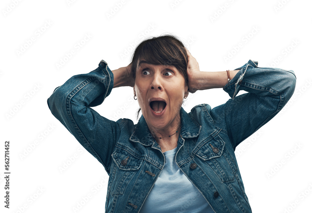 A senior woman looking shocked Isolated on a PNG background. A senior woman looking shocked Isolated on a PNG background.