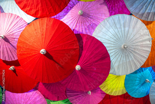 colorful paper umbrella handcraft work popular art in Chiang Mai Bo sang village tourist travel landmark