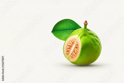 Isolated guavas. One whole guava fruit, a half and a slice with pink flesh isolated on white background. generative ai