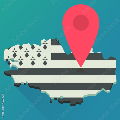 3d map in flat design style of Brittany in the colors of the Breton flag on which a red location marker is placed to indicate a destination