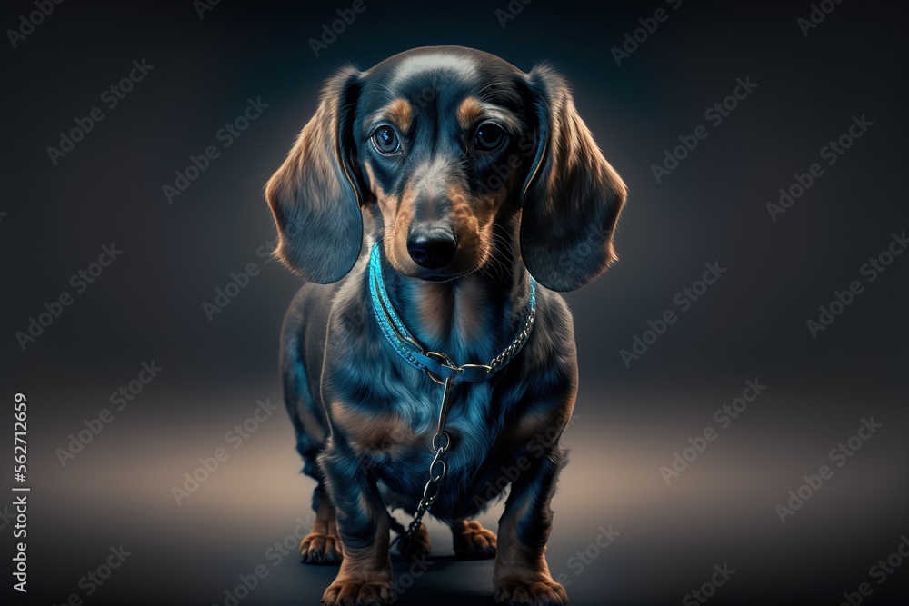 Dachshund dog portrait in a dark studio, brown with black. Generative ai.