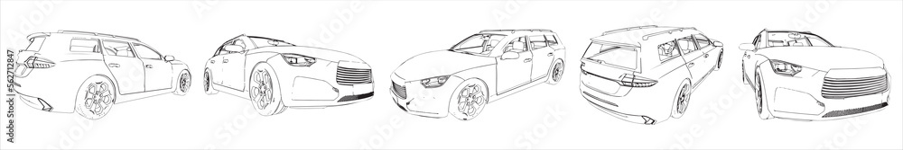 Vector set of an urban luxury car sketches from different perspectives as a metaphor for transportation and travel, independence, flexibility, freedom and privacy