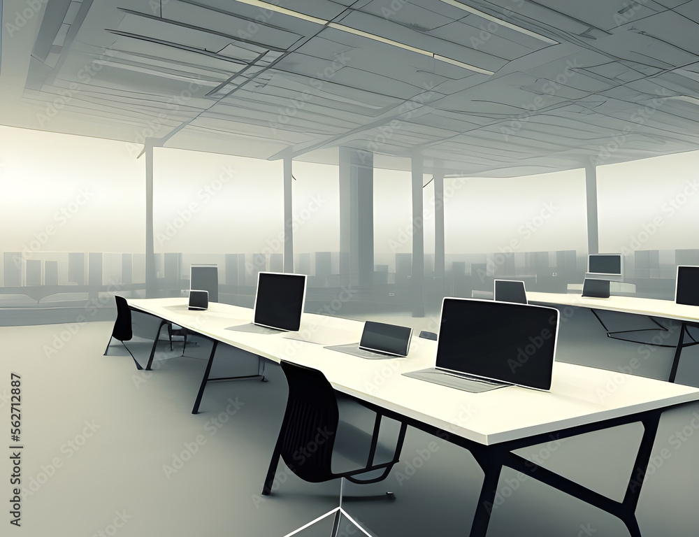 Illustration of empty modern office in business world created with Generative AI technology