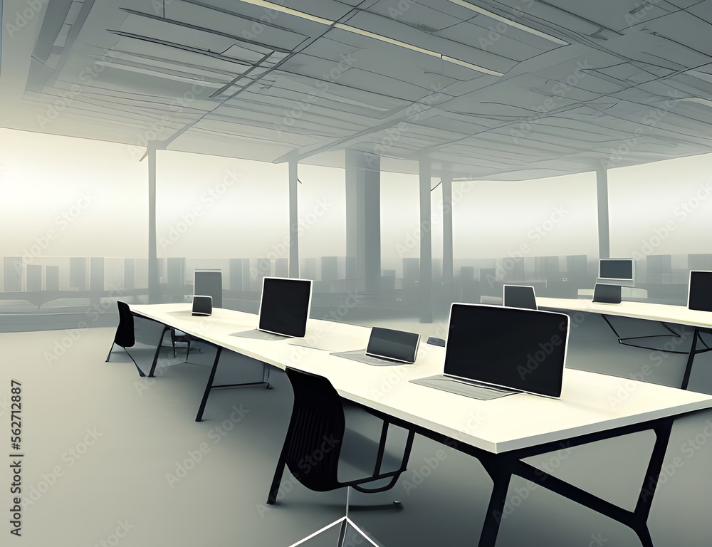 Illustration of empty modern office in business world created with Generative AI technology Illustration of empty modern office in business world created with Generative AI technology