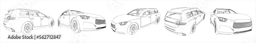 Vector set of an urban luxury car sketches from different perspectives as a metaphor for transportation and travel, independence, flexibility, freedom and privacy