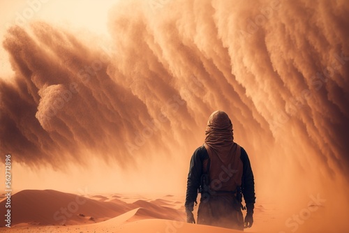 Person infront of a sandstorm. Generative AI.