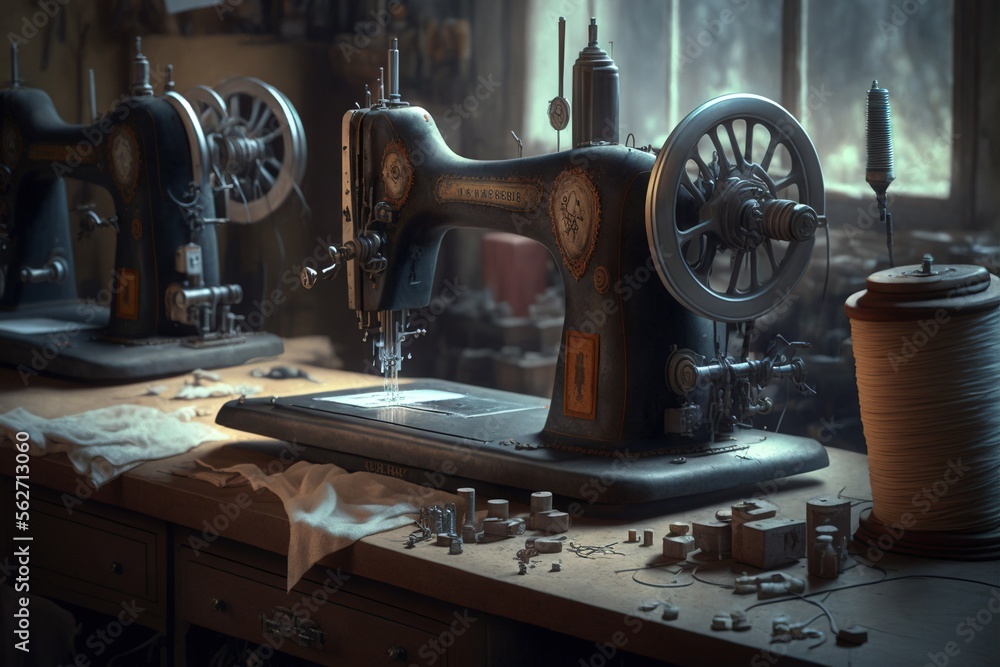 Fototapeta premium Old sewing machines in sewing workshop. Generative AI.