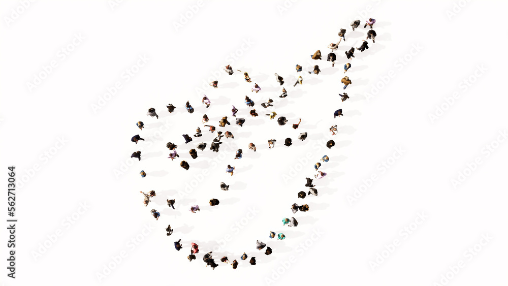 Concept or conceptual large gathering of people forming a guitar image on white background. A 3d illustration metaphor for music, concert, accoustic, festival, jazz, rock, lifestyle and entertainment Concept or conceptual large gathering of people forming a guitar image on white background. A 3d illustration metaphor for music, concert, accoustic, festival, jazz, rock, lifestyle and entertainment