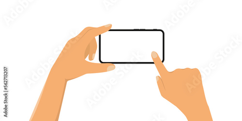 Human hands hold horizontally mobile phone with blank screen. Vector illustration