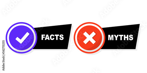 Facts vs myths. Concept of thorough fact-checking or easy compare evidence. Badges for marketing and advertising. Vector illustration