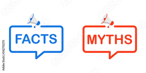 Facts vs myths. Concept of thorough fact-checking or easy compare evidence. Badges for marketing and advertising. Vector illustration