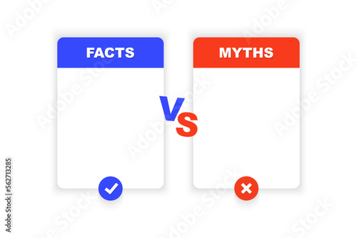 Facts vs myths. Concept of thorough fact-checking or easy compare evidence. Badges for marketing and advertising. Vector illustration