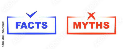 Facts vs myths. Concept of thorough fact-checking or easy compare evidence. Badges for marketing and advertising. Vector illustration