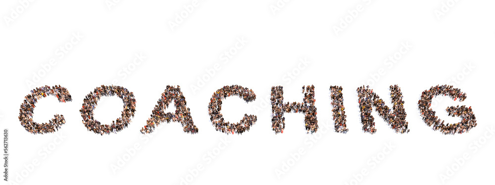 Concept conceptual large community of people forming the word COACHING. 3d illustration metaphor for training, sport, business, motivation, creativity, communication, strategy, leadership and success Concept conceptual large community of people forming the word COACHING. 3d illustration metaphor for training, sport, business, motivation, creativity, communication, strategy, leadership and success