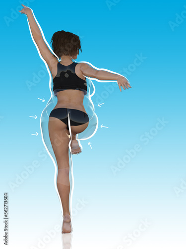 Conceptual fat overweight obese female vs slim fit healthy body after weight loss or diet with white outline and pointing arrows on blue. A  fitness, nutrition or obesity, health shape 3D illustration